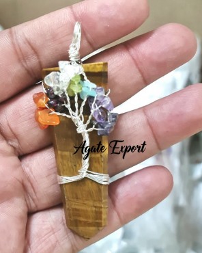 Tiger Eye Seven Chakra Tree Of Life Pendants