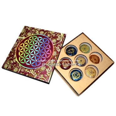 Engraved 7 Chakra Disc Set with Colourful Flower Of Life Printed Box