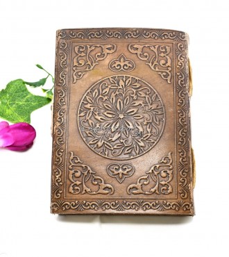 Triple Moon Goddess Leather Journal with Lapis Lazuli Stone and Intricate Floral Embossing