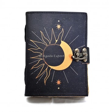 Black Leather Journal with Sun and Moon Eclipse Design and Vintage Lock
