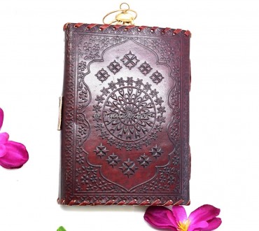Leather Journal with Floral Mandala Design and Malachite Stone Inlay