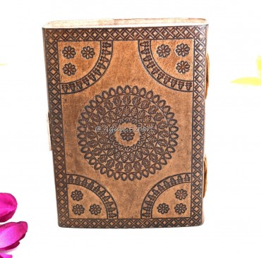Leather Journal with Tiger Eye Stone Inlay and Floral Mandala Design