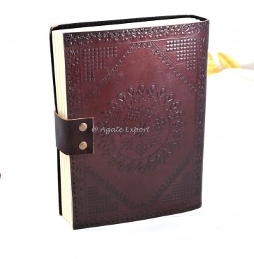 Maroon Leather Journal with Malachite Stone Vintage Diary with Ornate Embossing