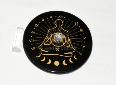 Eclipse Sun Clock with Dark Border Buddha and Moon Phases Design and Crystal Quartz Point