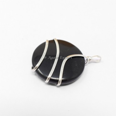 Black Agate Round Wire Wrap Pendant