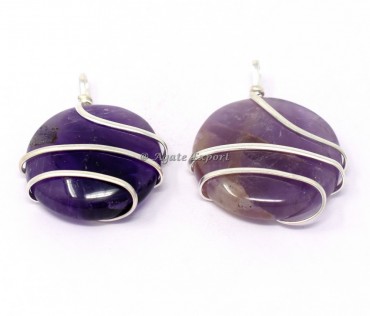 Amethyst Round Disc Wire Wrap Pendant