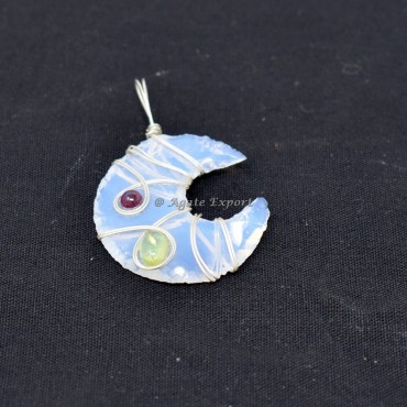 Opal Moon With Garnet Wire Wrap Pendant