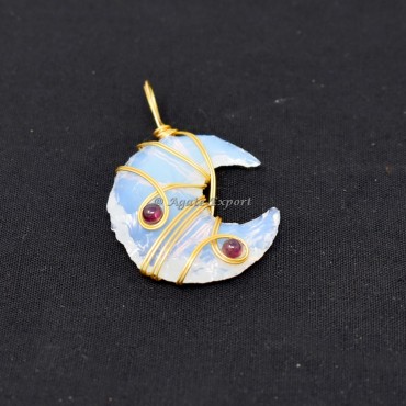 Opal Moon with Garnet Wire Wrap Pendant