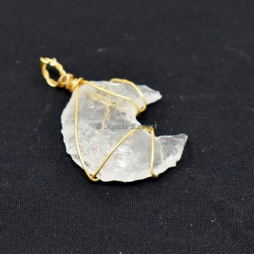 Crystal Quartz Moon Golden Wire Wrap Pendant