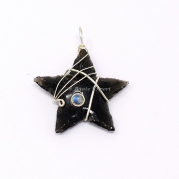 Black Obsidian With Rainbow Moonstone Wire Wrap Pendant