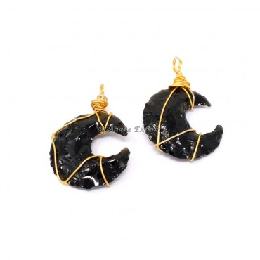 Black Obsidian Moon Golden Wire Wrap Pendant