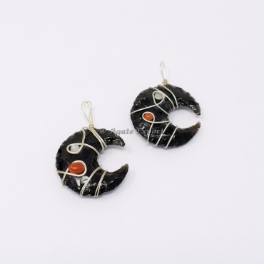 Black Obsidian Moon With Rainbow Wire Wrap Pendant