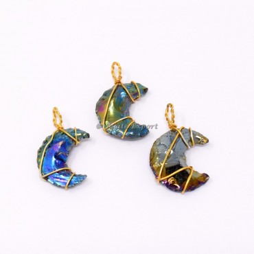 Aura Crystal Obsidian Moon Wire Wrap Pendant